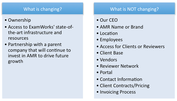 Side by side comparison of what changed and didn't change when Examworks acquired Advanced Medical Reviews.