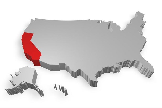 3D rendering of the outline of the United States with the state of California outlined in red.