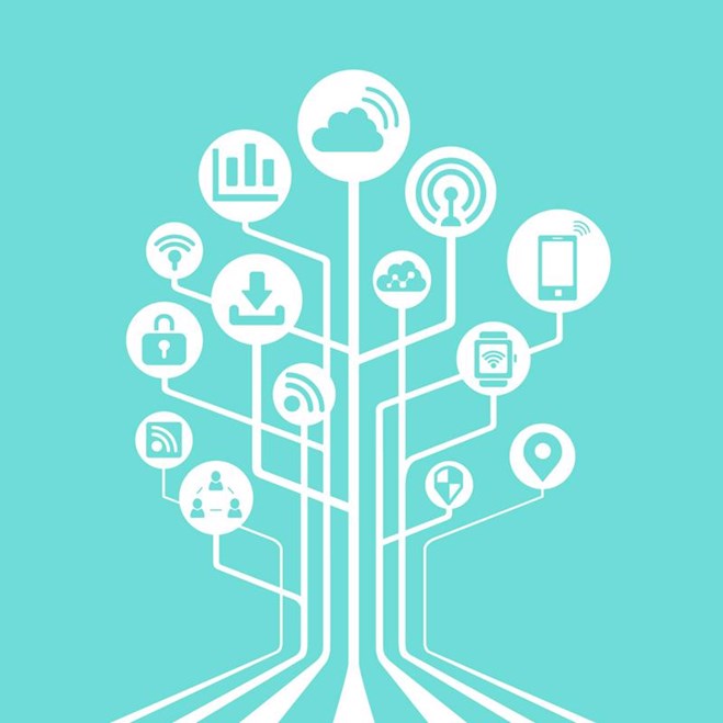 White healthcare graphic of various medical technology symbols in the shape of a tree to signify the connectedness of the Internet of Medical Things.